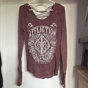 Affliction Red Graphic Cut Out Long Sleeve Blouse